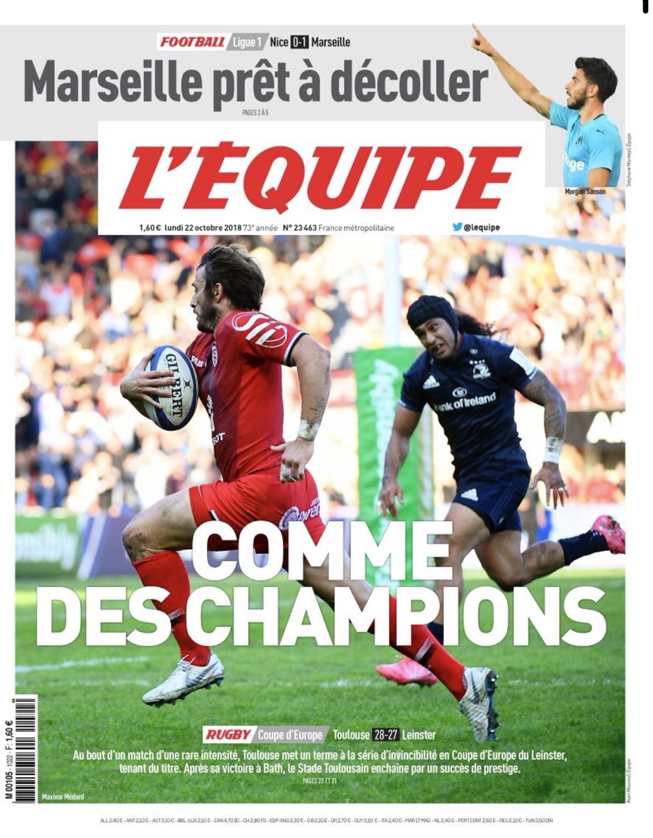 SylvainPaturel's tweet photo. Le @StadeToulousain porte les couleurs du @GroupeSII !
Et le Stade Toulousain a battu les Irlandais du Leinster (champions d'Europe) 28 à 27 ! 
Nous sommes fiers de voir SII à la une de @lequipe ! #Fungenieur @FeelEuropeSII @SII_IDF @SIISudOuest https://t.co/ZDrHzarVHi