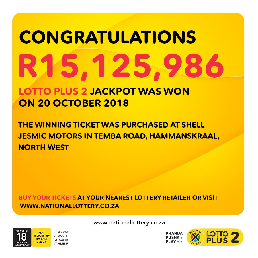 sa_lottery26's tweet photo. Congratulations Hamanskraal!
You have a new #LOTTO PLUS 2 jackpot winner of R15,125,986.60 from 20/10/18 draw! #ManualSelection ticket wager amount was R70! https://t.co/m5bj1LAeI4