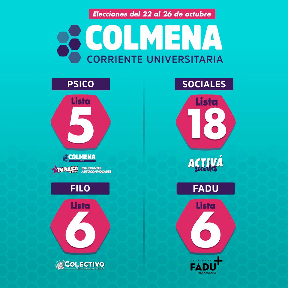 ColmenaUBA's tweet photo. 🗳️ [ELECCIONES EN LA UBA]

Esta semana hay elecciones en cuatro facultades: #Psico, #Fsoc, #Filo y #Fadu. Si sos estudiante de alguna de ellas ¡Votá a Colmena! https://t.co/J9FsJVfiyu