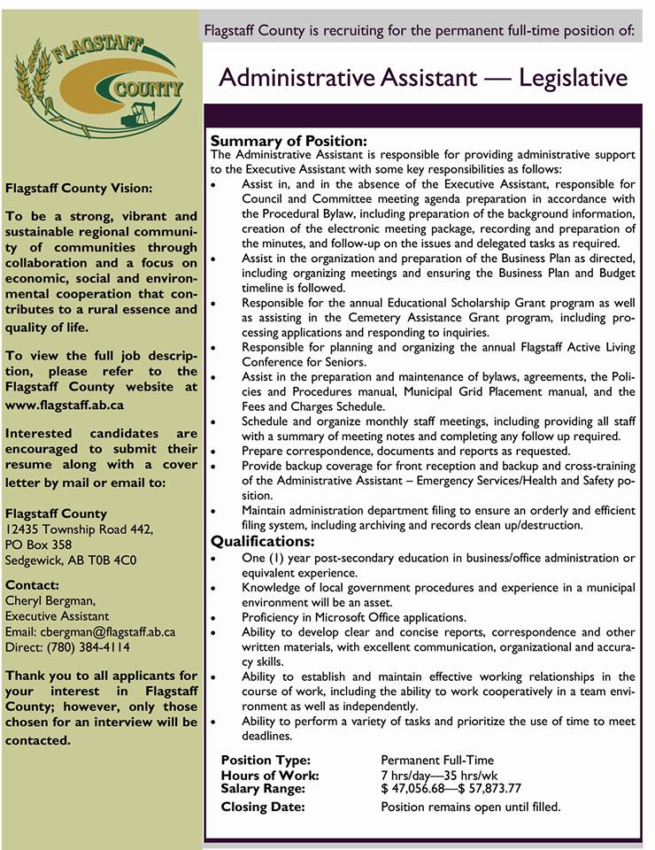 FlagstaffCounty's tweet photo. Flagstaff County is recruiting for the permanent full-time position of Administrative Assistant – Legislative.

For more information, visit: https://t.co/OMpaZabgI5. https://t.co/GADUJIpQXS