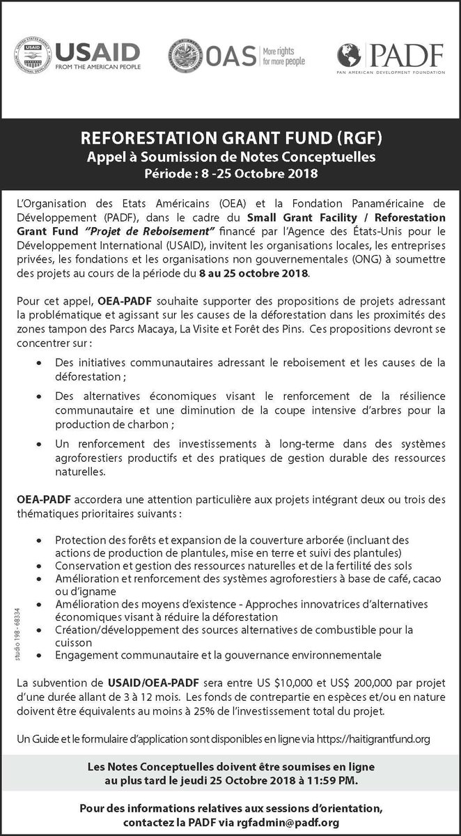 PADFHaiti's tweet image. Tic tac tic tac, l'heure tourne! N'oubliez pas de soumissionner"projet de reboisement" Small Grant Facility/ Reforestation grant fund,envoyer vos notes conceptuelles à haitigrantfund.org
rgfadmin@padf.org
Date limite le jeudi 25 octobre 2018, 11:59 PM
@USAID_Haiti @OEAHaiti