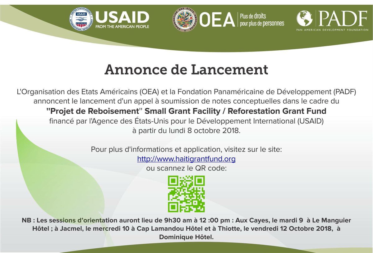 PADFHaiti's tweet image. Tic tac tic tac, l'heure tourne! N'oubliez pas de soumissionner"projet de reboisement" Small Grant Facility/ Reforestation grant fund,envoyer vos notes conceptuelles à haitigrantfund.org
rgfadmin@padf.org
Date limite le jeudi 25 octobre 2018, 11:59 PM
@USAID_Haiti @OEAHaiti