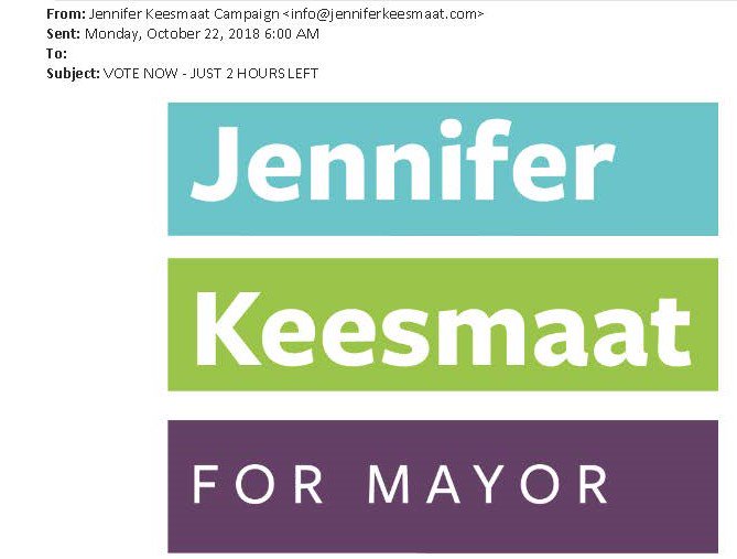 jacksiegel's tweet image. So apparently the Keesmaat campaign's having some difficulty figuring out when the polls close. Email forwarded by a friend saying "VOTE NOW - JUST 2 HOURS LEFT" was sent at 6:00 A.M. #TOpoli #keesmaat4Mayor = #LeadershipThatCannotTellTime  For #LeadershipThatWorks #VoteJohnTory