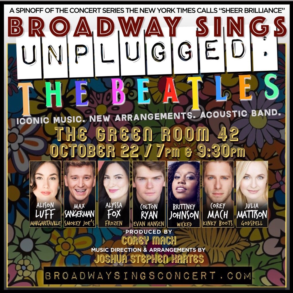 BroadwaySings's tweet photo. we’re giving away TWO tickets to our 9:30 BEATLES UNPLUGGED concert tonight! at 1pm we’ll pick two people who retweeted this tweet to win one ticket each. can’t wait for tonight! https://t.co/F4PZOZeDVi