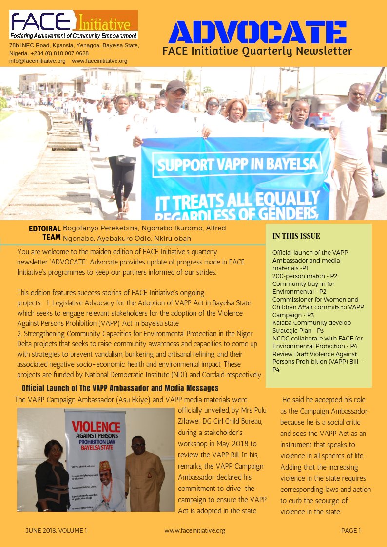 faceinitiative's tweet photo. Enjoy the maiden edition of FACE Initiative's Quarter Newsletter 'ADVOCATE'. Please drop you comment and suggestion. https://t.co/Ou4vPLlJOz