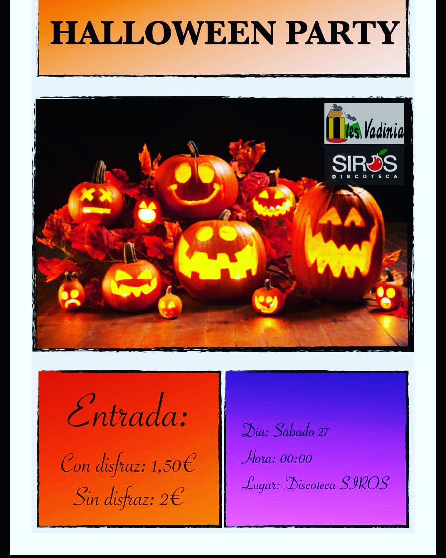 ESTE SÁBADO FIESTA DEL INSTITUTO. ⚰🕷🕸 HALLOWEEN🕸🕷⚰ VEN A DISFRUTAR DE ESTE DÍA  CON NOSOTROS💉. OS ESPERAMOS!! 🕸🔪🔪🔪🔪 #HALLOWEEN #HALLOWEENPARTY #LEON #IESVADINIA #DISCOTECASIROS