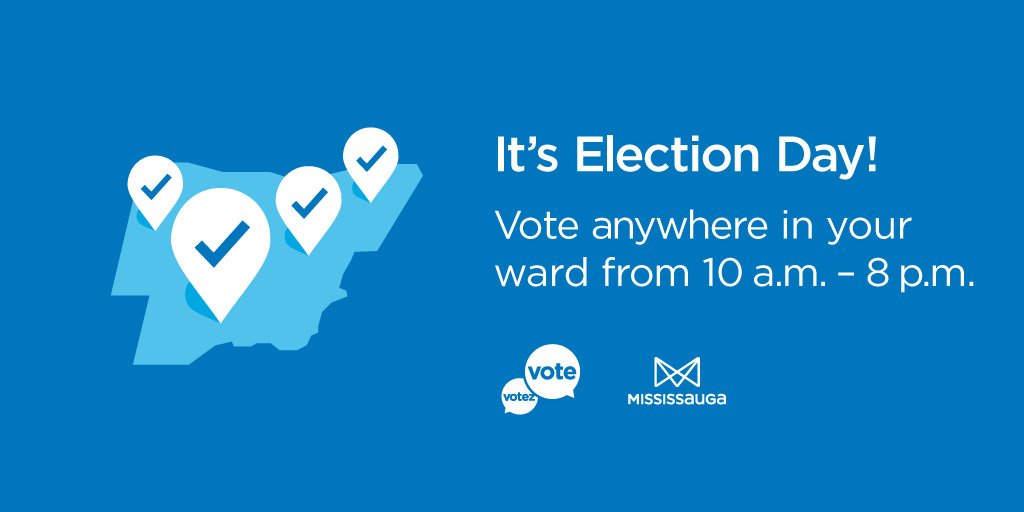 Good morning, #Mississauga! Today is Election Day! Voting locations are open from 10 a.m. to 8 p.m. Voting locations: ow.ly/H7Br30miQFg #MississaugaVotes #missipoli