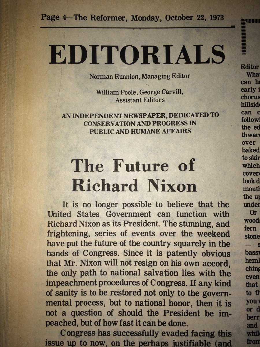BrattHistSoc's tweet photo. 45 years ago today! The U.S. was facing a Constitutional crisis as the President was challenging the system of checks and balances built within the framework of the Constitution...the local "fourth estate" made its opinion very clear... https://t.co/xx3nPO0cvZ