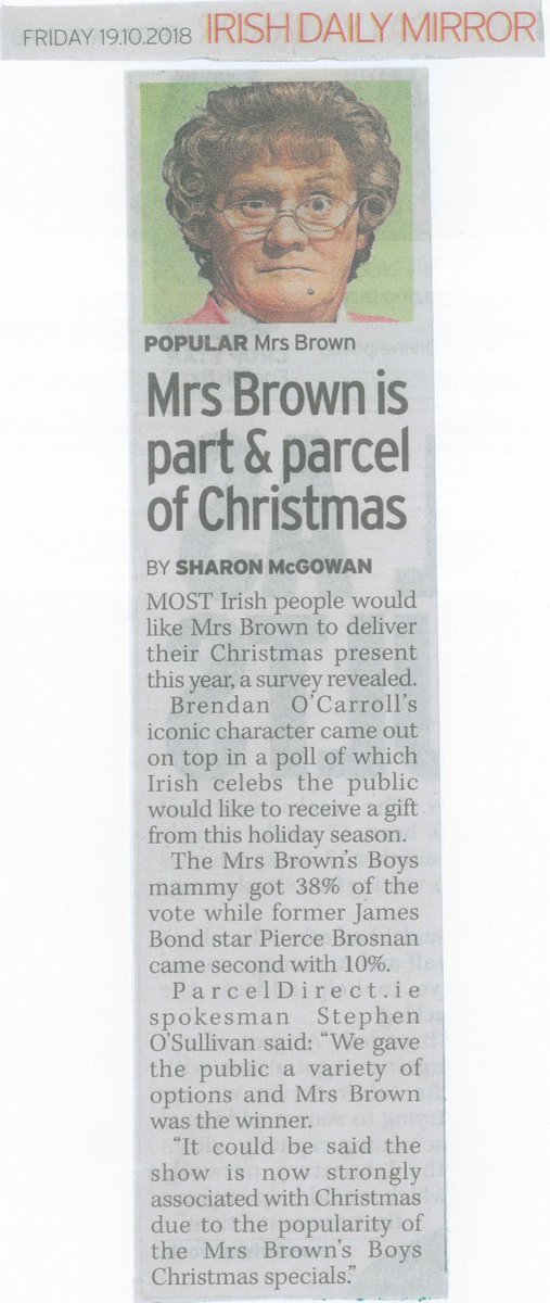 Better watch out....better not cry....because Mrs Brown is coming to town!!  The people have spoken via our ParcelDirect.ie survey. Move over Santa, Agnes will be delivering our gifts this Christmas! #OnlineSurvey #Christmas2018  <a href="/brendanMrsBrown/">Brendan O'Carroll</a> <a href="/mrs_brown_boys_/">mrs brown boys fan</a>