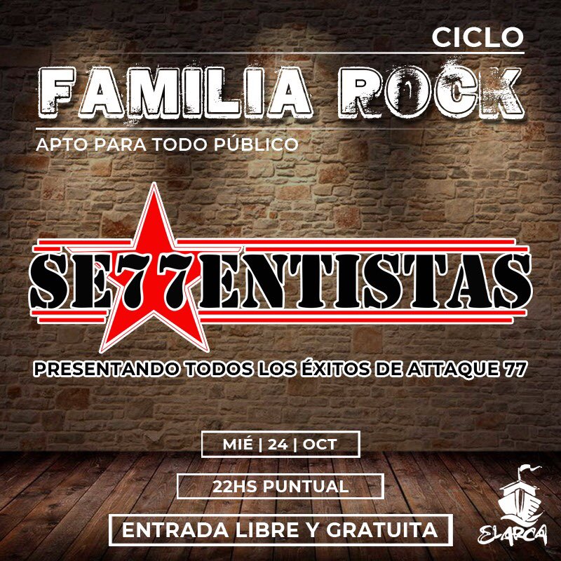ElArcaCdelU's tweet photo. ✔️Este Miércoles 24, CICLO Familia Rock, todos los miércoles vas a poder disfrutar de tus bandas de Rock Favoritas, en un ambiente para toda la familia.
🎸 “Se77entistas” con todos los ÉXITOS DE ATTAQUE 77
🎤Show a partir de las 22 Hs PUNTUAL 🎫ENTRADA LIBRE Y GRATUITA https://t.co/nezvDF0G2e