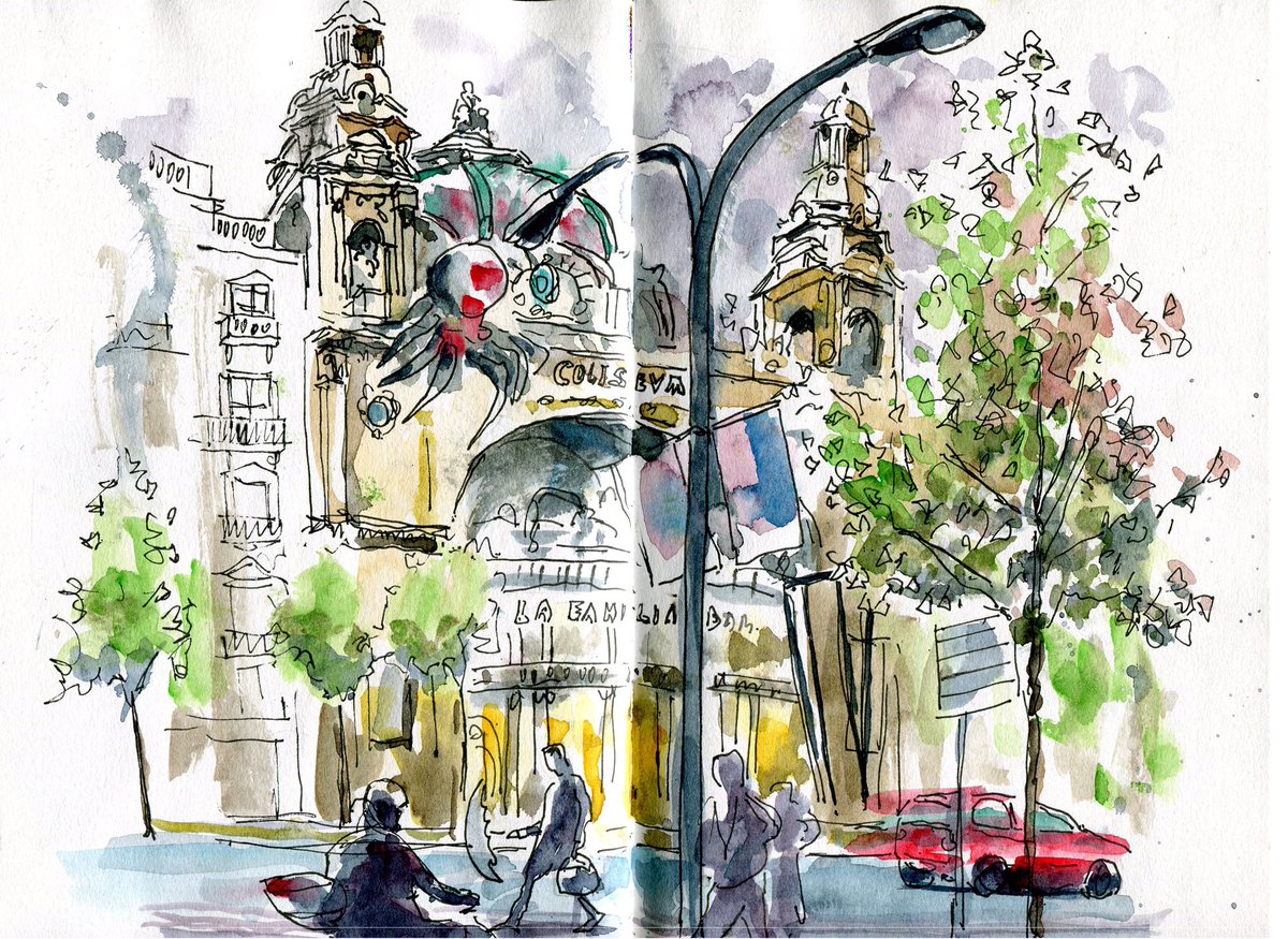 MunozFrancesc's tweet photo. Rainy afternoon in Barcelona, this is the Coliseum theatre and there’s an spider in the building @InkyfingersBCN @urbansketchers #drawing #coliseum #AddamsFamily #barcelona https://t.co/Og44XfCoOu