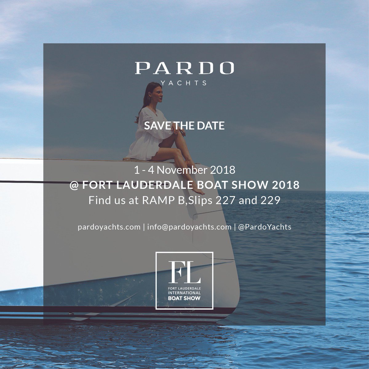 Fort Lauderdale International Boat Show 2018: find us at Lime Zone B Dock 227-229 with two beautiful Pardo 43s. Save the date: from 31st October till 4th November 😎

More info: pardoyachts.com