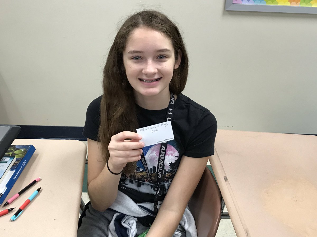 SKuehneJSMS's tweet photo. She did it!! This awesome young lady fulfilled her promise to read 20 books in 30 days! #JSAMSComeAlive  #becauseisaidiwould https://t.co/yeQNYLEFr7