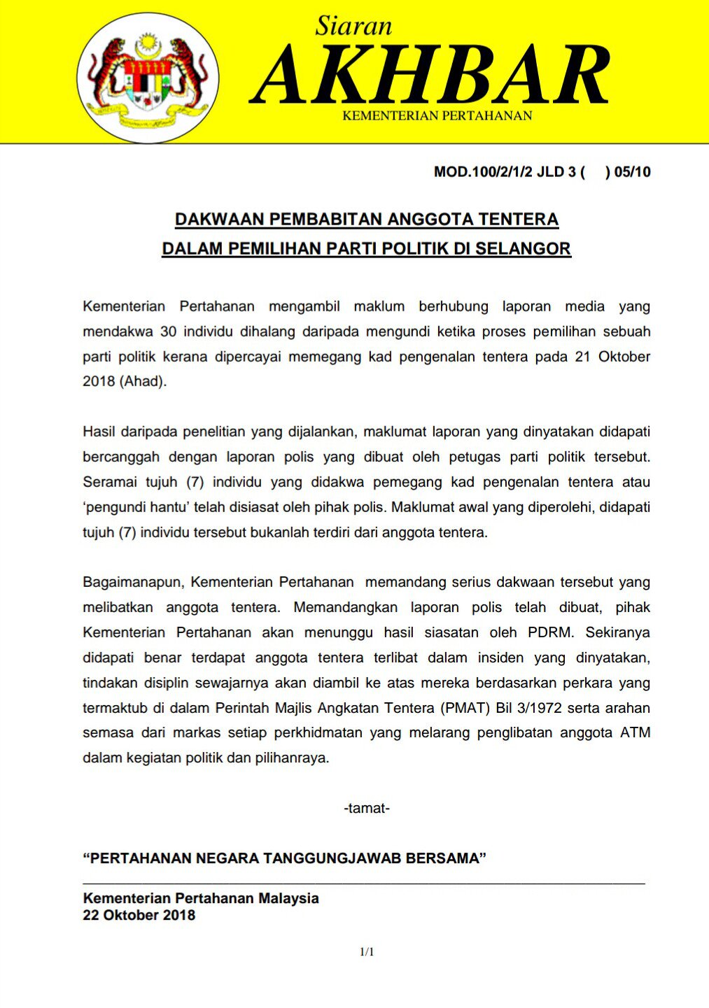 Mohamad Sabu Ar Twitter Siaran Akhbar Dakwaan Pembabitan Anggota Tentera Dalam Pemilihan Parti Politik Di Selangor