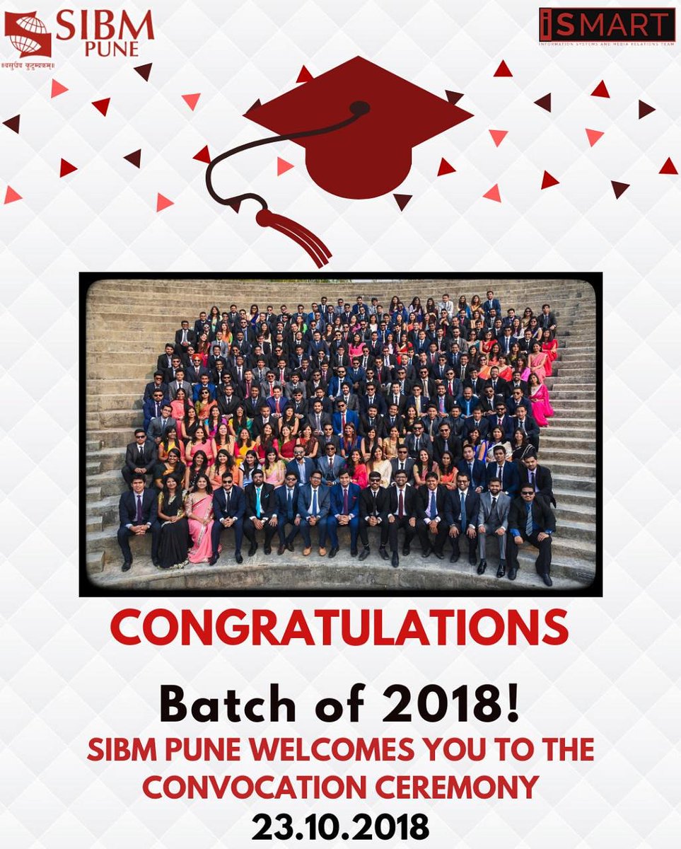 SIBMPune's tweet photo. SIBM Pune welcomes the batch of 2018 for the Convocation ceremony on 23rd October 2018.
His excellency, President of India, Shri Ram Nath Kovind is the chief guest of the convocation.
#SIBMPune
#Convocation
#BatchOf2018 https://t.co/ZNt6UgAJTp