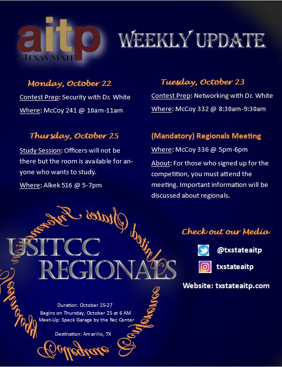 txstateaitp's tweet photo. Regionals is here!

Check out Dr. White's Network and Security Prep for Monday and Tuesday.

On Tuesday, October 23, we have a Mandatory Regionals meeting at 5pm in McCoy 336. This is only for those who signed up.

Be prepared for a long drive~ https://t.co/jbP1mgzQpO