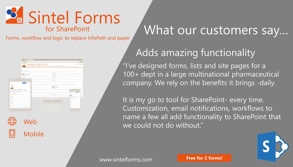 sintelltd's tweet image. Want to know what our customers think of our #SharePointApp #SintelForms? Check out our reviews on #MSFTAppSource and remember it&apos;s completely free for up to 2 forms!
buff.ly/2PVjO75