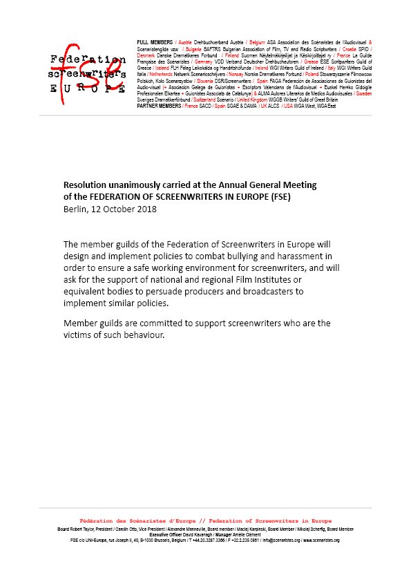 FSEscreenwriter's tweet photo. FSE resolution #genderequality #metoo #wcos04 "The member guilds of FSE will design and implement policies to combat bullying and harassment in order to ensure a safe working environment for screenwriters..." https://t.co/VvaBC34R3y
