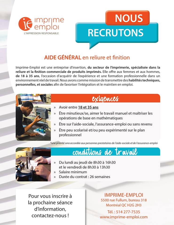 ImprimeEmploi's tweet photo. @ImprimeEmploi recrute en Aide général en reliure et finition. N’hésitez pas à nous contacter au 514-277-7535 ou par courriel à recrutement@imprime-emploi.com #recrutement #imprimerie
 https://t.co/VmTkd18A0S https://t.co/JRH3SuqLS0