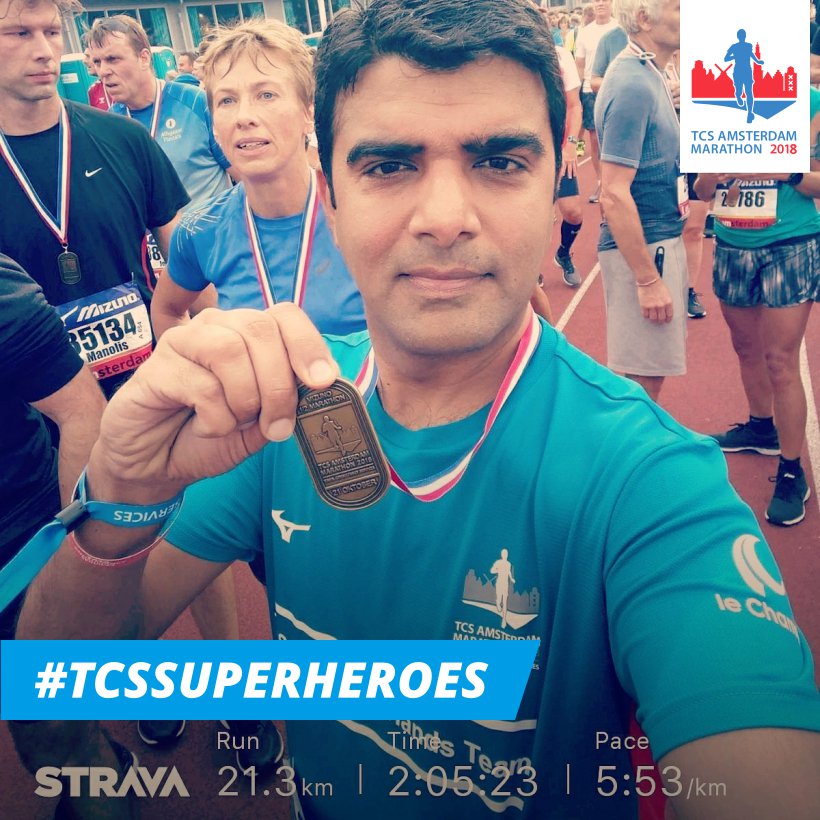 JayKhimani's tweet photo. Done with half marathon with personal best. #TCSAmsterdamMarathon #TCSAM18 #TCSsuperheroes https://t.co/eGbPPyLG17