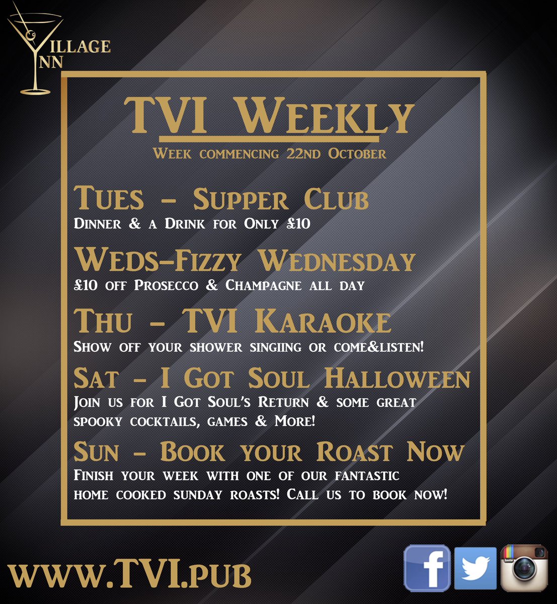 TVI Weekly!
Check out what’s happening this week at your local!

#TVI #TVIWeekly #Sandhurst #IGotSoul #TVIKaraoke #SundayRoast #Prosecco #Deals