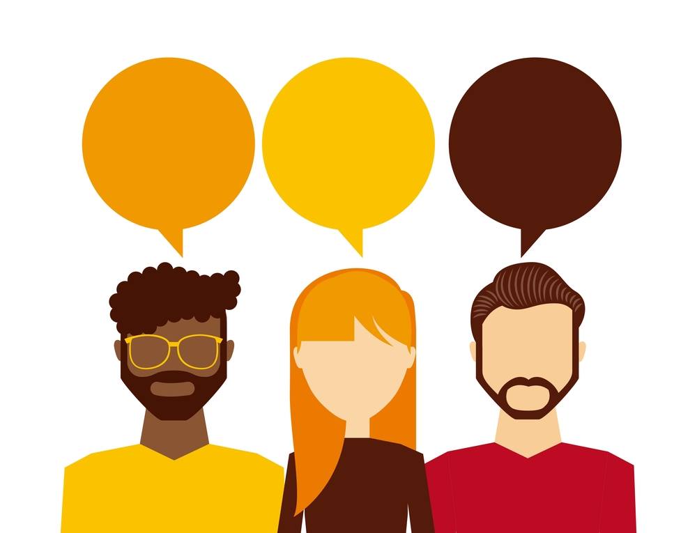 Illustration of three individuals with speech bubbles over their heads