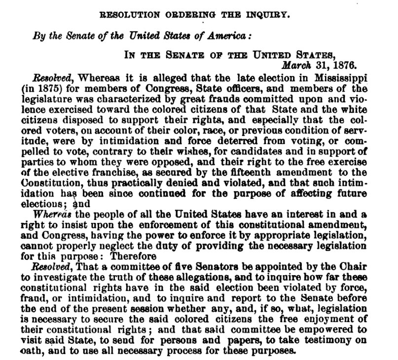 In 1876 Boutwell was appointed Chairman of the Mississippi Committee charged with investigating the elections of 1875 where white paramilitaries (e.g. Red Shirts) loyal to Democrats and ex-Confederates terrorised black voters & non-democrats to ensure white supremacist rule.