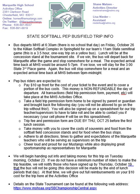 MarquetteStangs's tweet photo. An MHS-students-only pep bus will be offered for those students wishing to travel to Springfield on Friday, Oct 26 to support our @MustangsSBall squad at the State Tournament. 
 
We will need a minimum number of students going to make it viable. 

Details below... https://t.co/rEzNm2gVXb