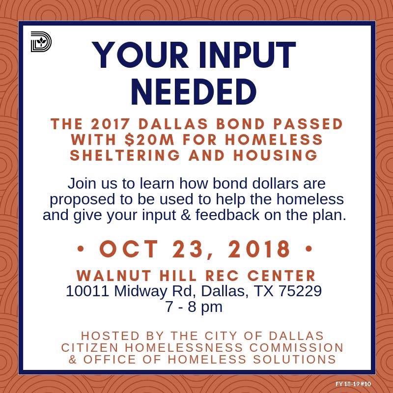 dfwhomeless's tweet photo. Learn how @CityOfDallas plans to use Dallas Bond money to help the homeless. Your input is needed. 
Join us Tuesday, October 23rd from 7-8pm at Walnut Hill Rec Center. 
Hosted by Citizen Homeless Commission &amp; Office of Homeless Solutions.
#SolutionsNOW #DallasHomeless https://t.co/zQGbdZbNSQ