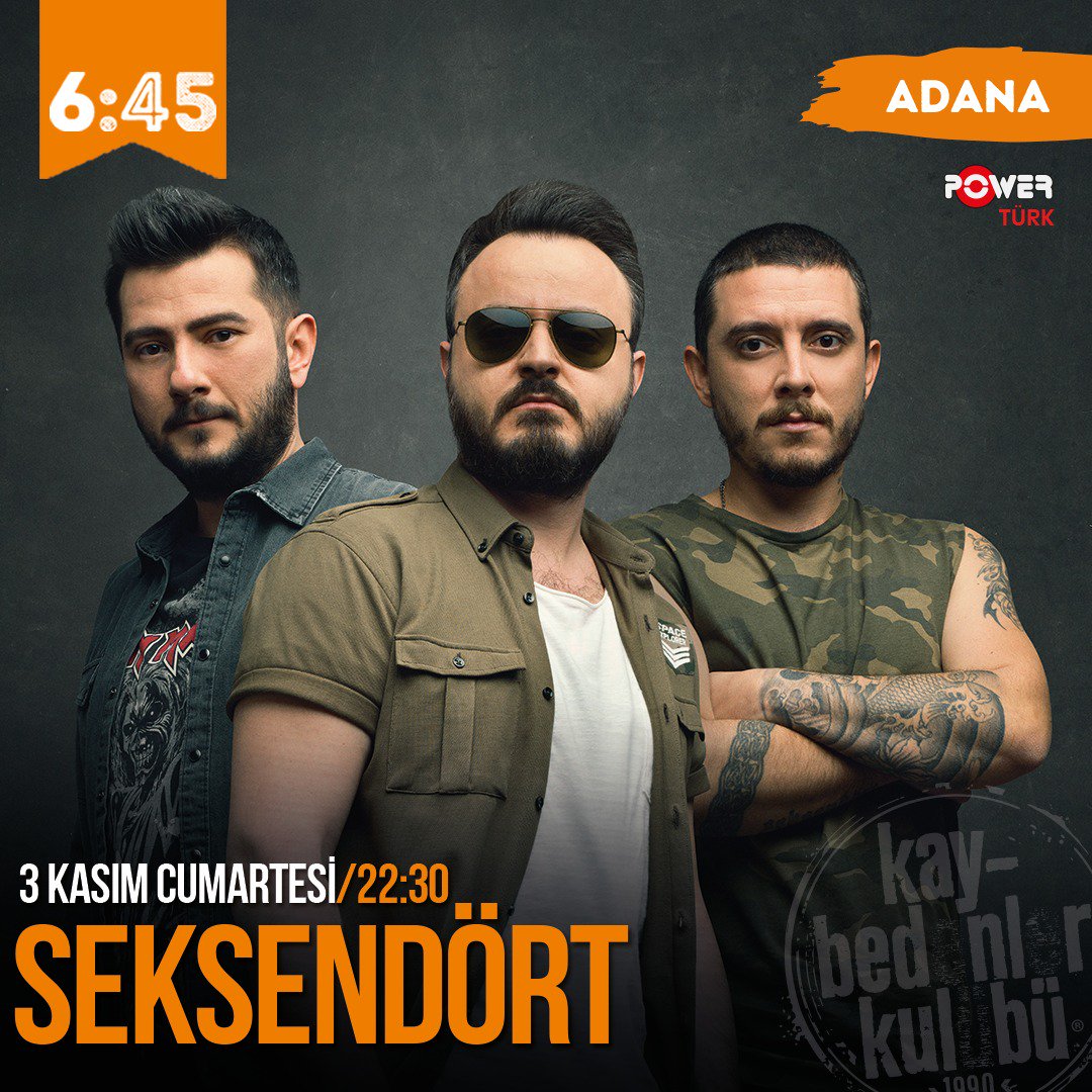 Seksendört, 3 Kasım Cumartesi akşamı 6:45 KK Adana sahnesinde! Hemen ardından gece pastel ile devam ediyor! Biletler Biletix'te.
@seksendortofficial #altikirkbes #kaybedenlerkulübü #canliperformans #adanaetkinlik #seksendört