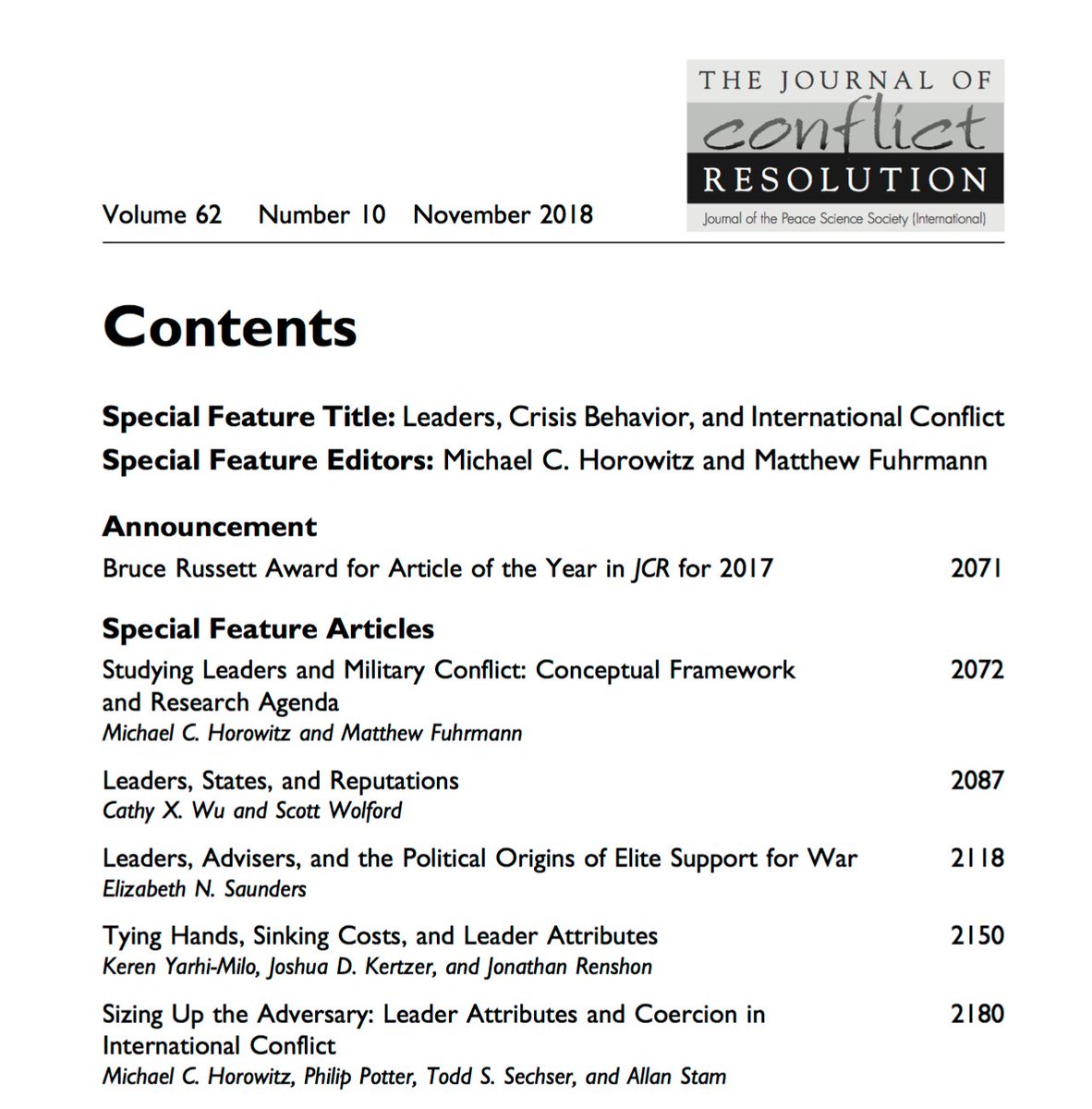 mcfuhrmann's tweet photo. Interested in the role that world leaders play in military conflict? Check out this special feature in Journal of Conflict Resolution edited by @mchorowitz and me. We discuss when leaders matter (and when they don't), lay out a conceptual framework + identify research agenda. https://t.co/CSHvgjrAOg