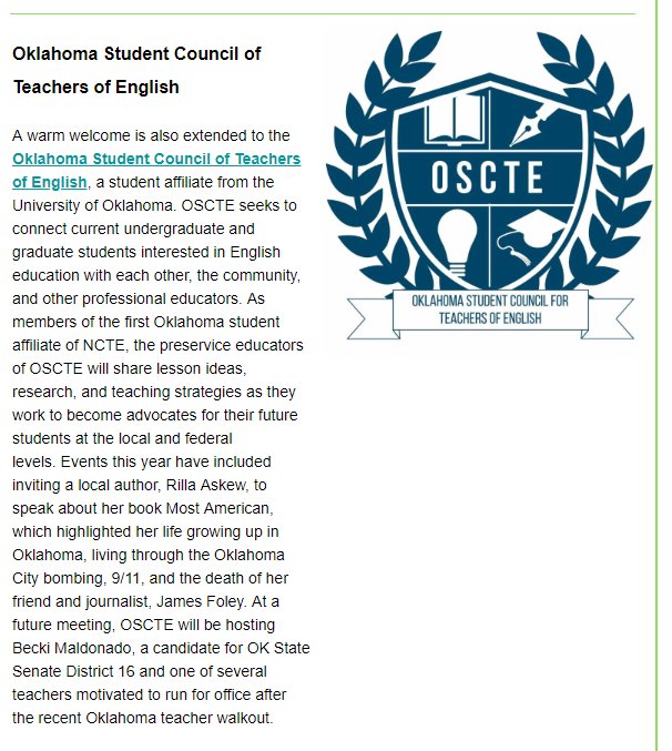 Congrats <a href="/osctesooners/">OSCTE</a>! Great feature in the #NCTE SCOA (Standing Committee on Affiliates) Newsletter! #OKCTE