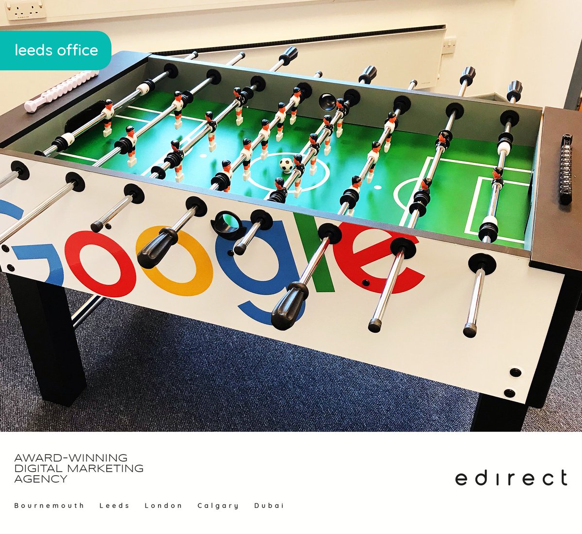 EDirectLtd's tweet photo. ⚽Check out our new football table in the Leeds office!⚽
If you're in Leeds don't hesitate to pop in and have a game over a discussion with our Online Advertising team. 👩💻 👨💻
#edirectleeds #googlepoints #googlemerch #footballtable #onlinemarketing #digitalmarketing https://t.co/rZAAy0438f