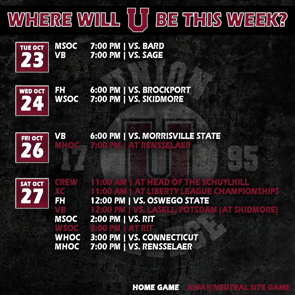 UnionAthletics's tweet photo. The final week of the fall regular season brings a whole lot of home games on campus! There are six different teams with a total of nine home games coming up, finished off by #UnionMHOC hosting RPI on Saturday night! #GoU https://t.co/r8n6lKVQID