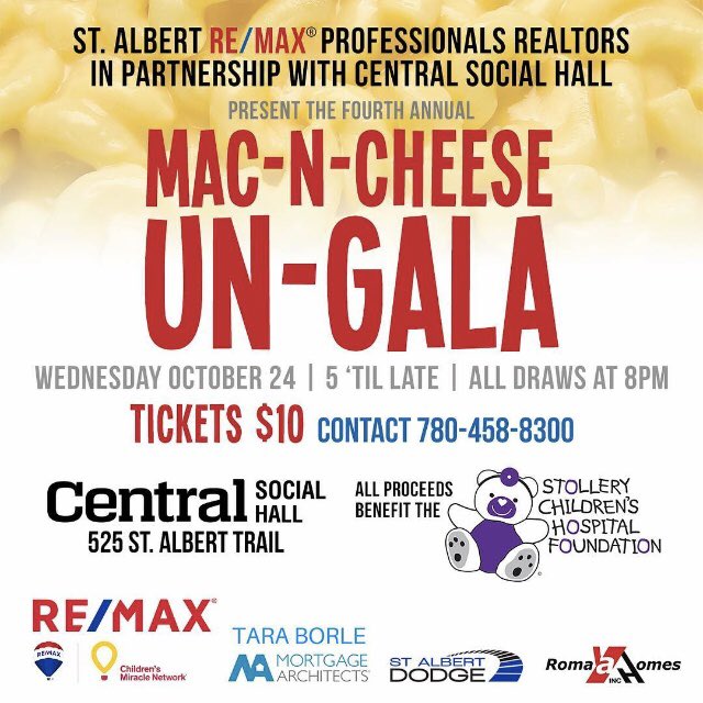 TaraBorle's tweet photo. This Wednesday, MAC-n-CHEESE un GALA. Get your tickets! (Team Borle will be bringing the KD!)
•
•
#remaxprofessionals #stalbert #t8n #macncheese #stollerychildrenshospital #teamborle #stalbertre https://t.co/osDtxBcCDH