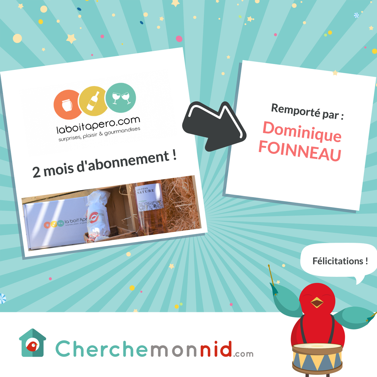 cherchemonnid's tweet image. 🐣 Félicitations au gagnant de notre grand jeu-concours, vous remportez un abonnement de 2 mois à la box @AperoLaboit 
🐤 Surveillez votre boîte mails !
🐥 Et merci à tous les autres participants !
#cherchemonnid #JeuConcours