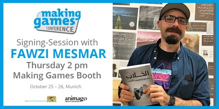 "Al-Khallab on the Art of Game Design" by <a href="/FawziMesmar/">Fawzi Mesmar (فوزي)</a> (Studio Game Design Director, <a href="/King_Games/">King</a>) is guiding Arabic speaking readers to the fundamentals of game desig + a lot more. <a href="/MakingGamesConf/">Making Games Conf</a> will provide a Signing-Session with Fawzi at Thursday 2pm at Making Games Booth.
