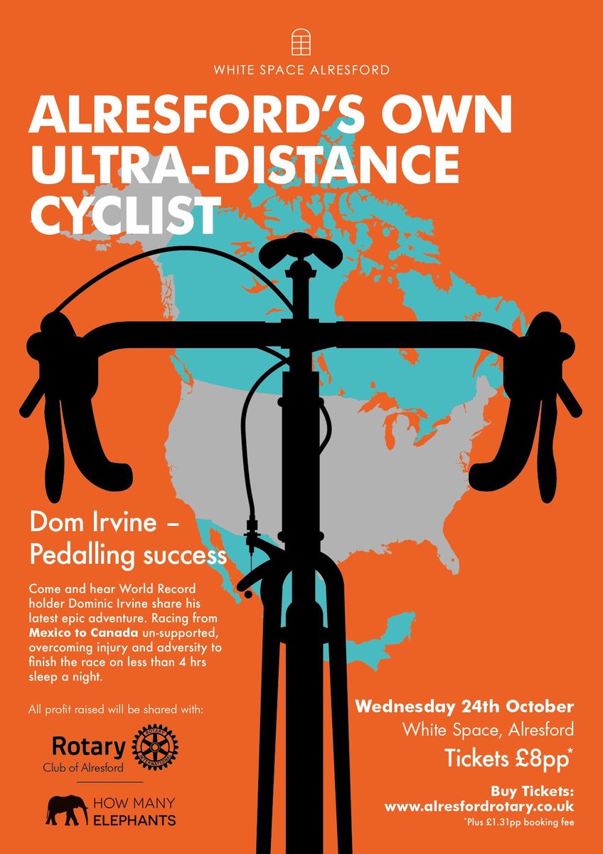 We are really looking forward to Dom Irvine’s talk this weds night in <a href="/whitespacehants/">WhiteSpace Alresford</a>. Dom will be sharing tales from his incredible cycling adventures, all in support of <a href="/alresfordrotary/">Alresford Rotary</a> &amp; @howmanyellies 

Tickets still available at eventbrite.co.uk/e/dom-irvine-u…