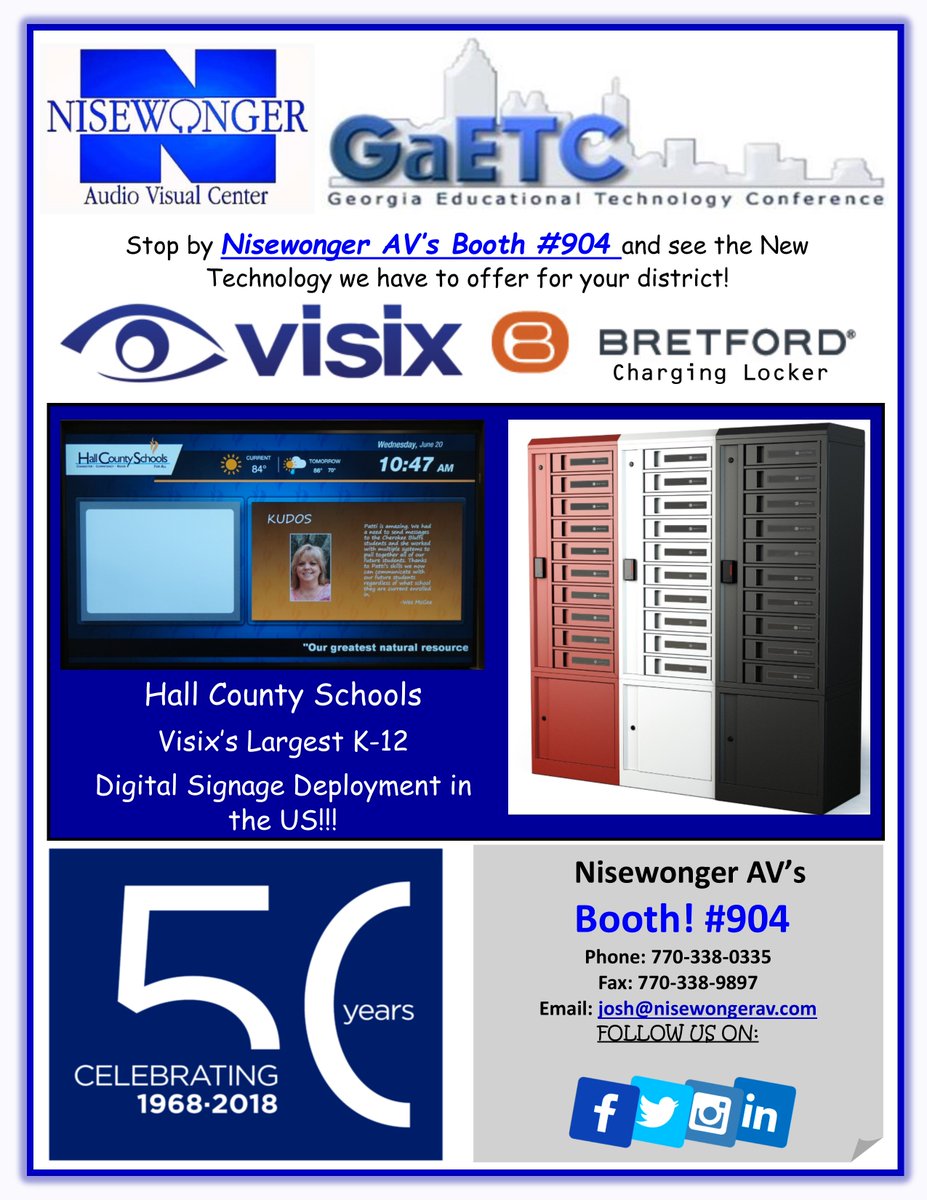 NisewongerAV's tweet image. Mark Your Calendars! @GaETConf November 7th and 8th. Booth #904
@NisewongerAV will be showing @visix_inc #DigitalSignage and @bretford #techguard #ChargingLockers  #Celebrating50Years #k12 #education