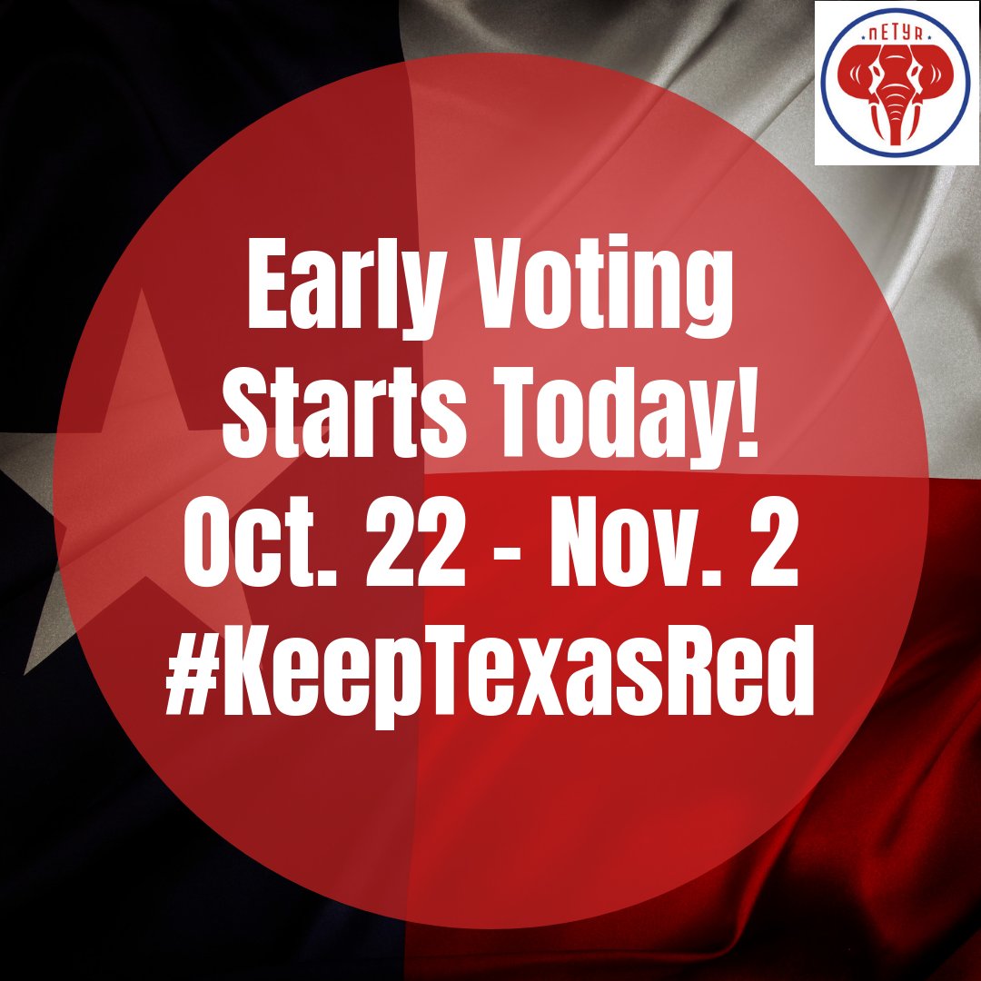 thenetyr's tweet photo. #EarlyVoting has begun! Go vote and #KeepTexasRed! More info at https://t.co/oYfx40qC5g

#Midterms #MidtermElections # #RedWave #YoungRepublicans #TexasYR #TYRF #Texas #YR #Tarrant #Grapevine #Colleyville #Southlake #TheNETYR https://t.co/lXKimc6FDA