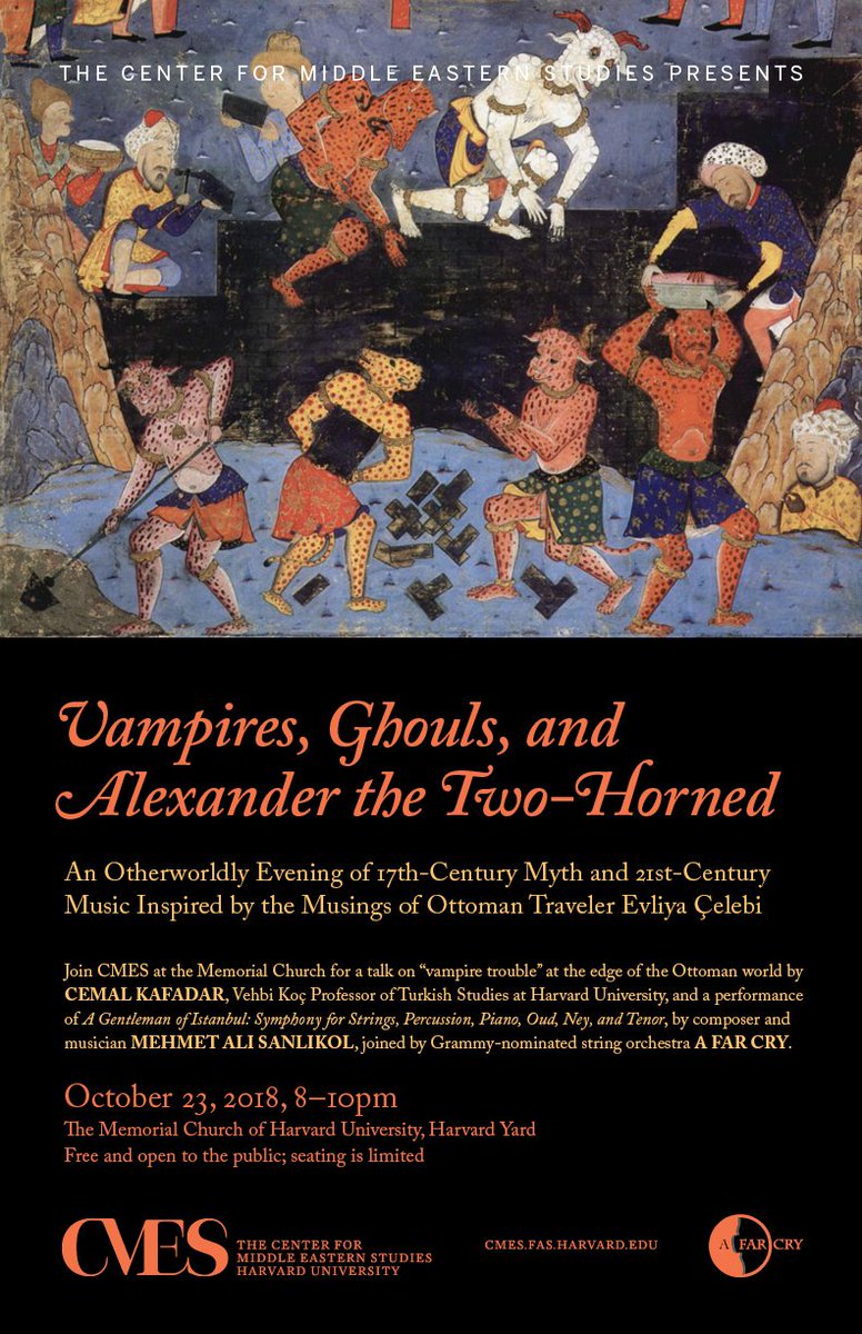 HarvardCMES's tweet photo. TOMORROW: join CMES at Harvard Memorial Church on a crisp fall evening for a talk on #Ottoman “vampire trouble” by Prof Cemal Kafadar &amp; a performance of "A Gentleman of Istanbul" by Mehmet Ali Sanlıkol w/ #Boston string orchestra #AFarCry, https://t.co/V0TB3mLFeb #music #fall https://t.co/9AOLmLDZ9q