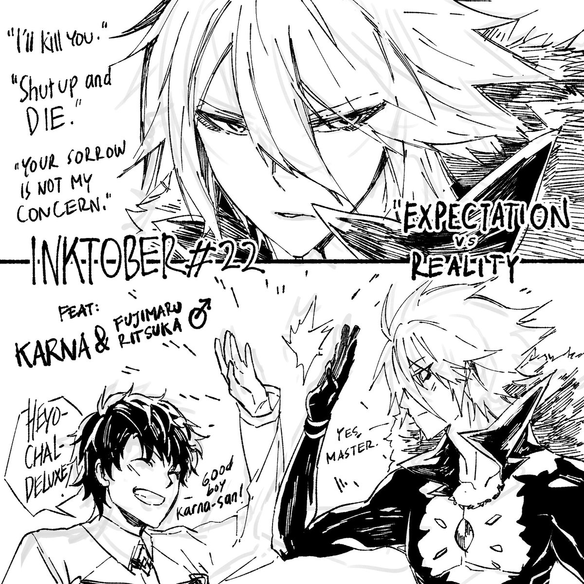 day 22: expectation vs reality. Karna whom I thought is a cold-hearted villain is, in reality, a good and innocent boy. 

#FGO #inktober #fgoecartist 