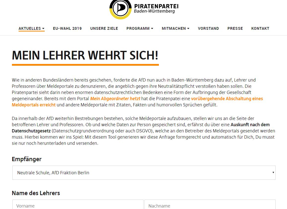 Wegen #AfD-Meldeportalen starten <a href="/PiratenBW/">Piratenpartei Ba-Wü</a> #MeinLehrerWehrtSich. Lehrer können anfragen, ob und welche Daten von ihnen gespeichert wurden. Die Partei muss innerhalb eines Monats antworten: piratenpartei-bw.de/mein-lehrer-we…