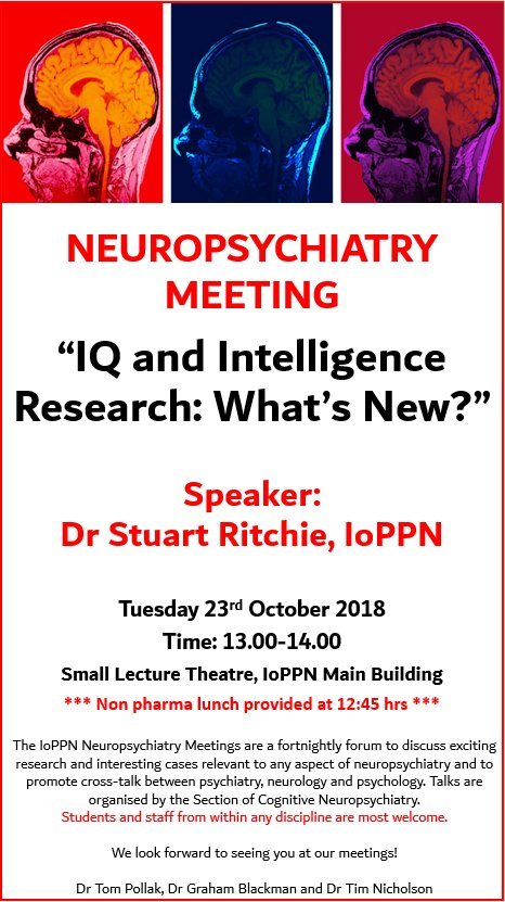 Tom Pollak (@tompollak) on Twitter photo DON'T MISS tomorrow's <a href="/KingsIoPPN/">Institute of Psychiatry, Psychology & Neuroscience</a> Neuropsychiatry Meeting with <a href="/StuartJRitchie/">Stuart Ritchie 🇺🇦</a> . Should be a great one - do arrive in good time! All KCL staff and students most welcome. DON'T MISS tomorrow's <a href="/KingsIoPPN/">Institute of Psychiatry, Psychology & Neuroscience</a> Neuropsychiatry Meeting with <a href="/StuartJRitchie/">Stuart Ritchie 🇺🇦</a> . Should be a great one - do arrive in good time! All KCL staff and students most welcome.