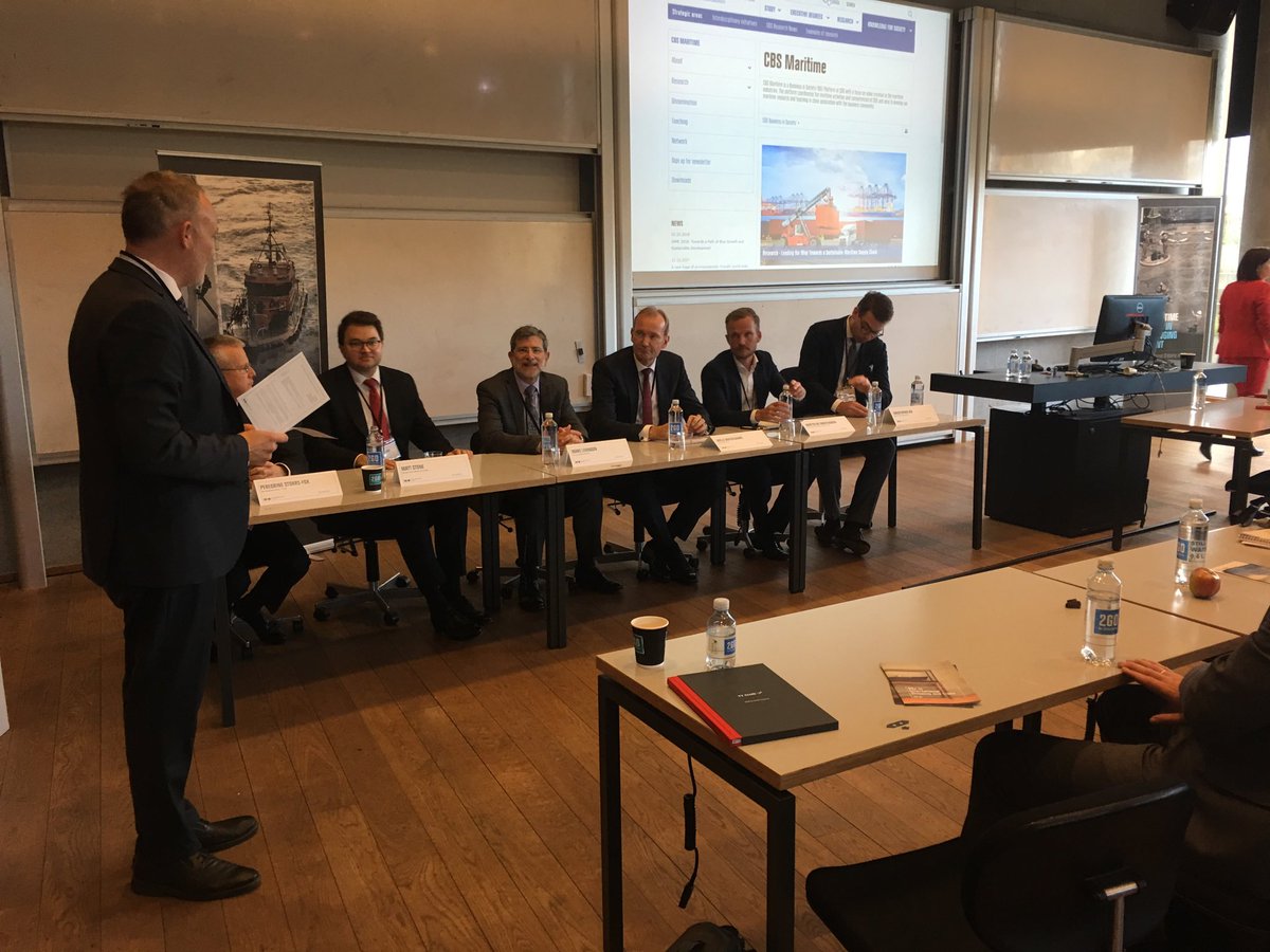 MartinJIversen's tweet photo. Morten Bo Christiansen from Maersk Line and Niels Smedegaard from DFDS: we need to change container shipping from the perspective of the ultimate customer rather than the needs of the industry. Debate at CBS today... https://t.co/fhnFvUe5Hc