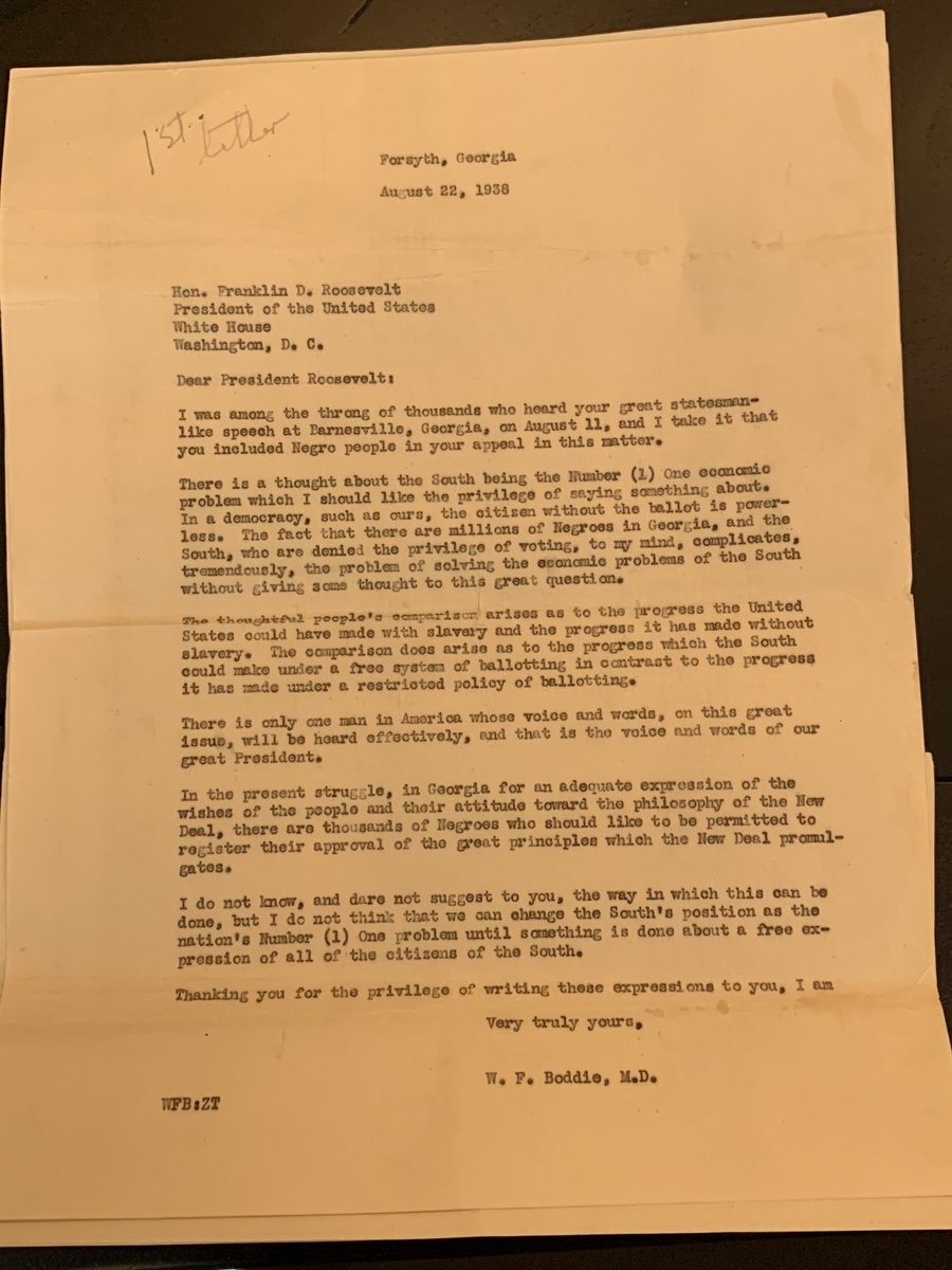 eliseboddie's tweet photo. 80 years ago my great grandfather wrote FDR from Forsyth Georgia to ask him to help Black people secure the right to vote, comparing disfranchisement to slavery. 80 years later Black people in Georgia are still fighting for the right to vote. https://t.co/YTuLS8NQ7V https://t.co/4kwyrx3QDJ