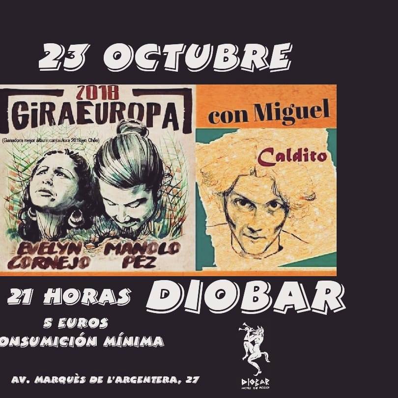 Este martes, 23/10, recital compartido por las voces chilenas de Evelyn Cornejo y Manolo Pez... Completan la velada las canciones de <a href="/MIGUELCALDITO/">MIGUEL CALDITO</a> y la causa #Mapuche con <a href="/colectivotrawun/">colectivotrawun</a>... A partir de las 9 de la noche, en el #Diobar...
ℹ️ facebook.com/events/6355445…