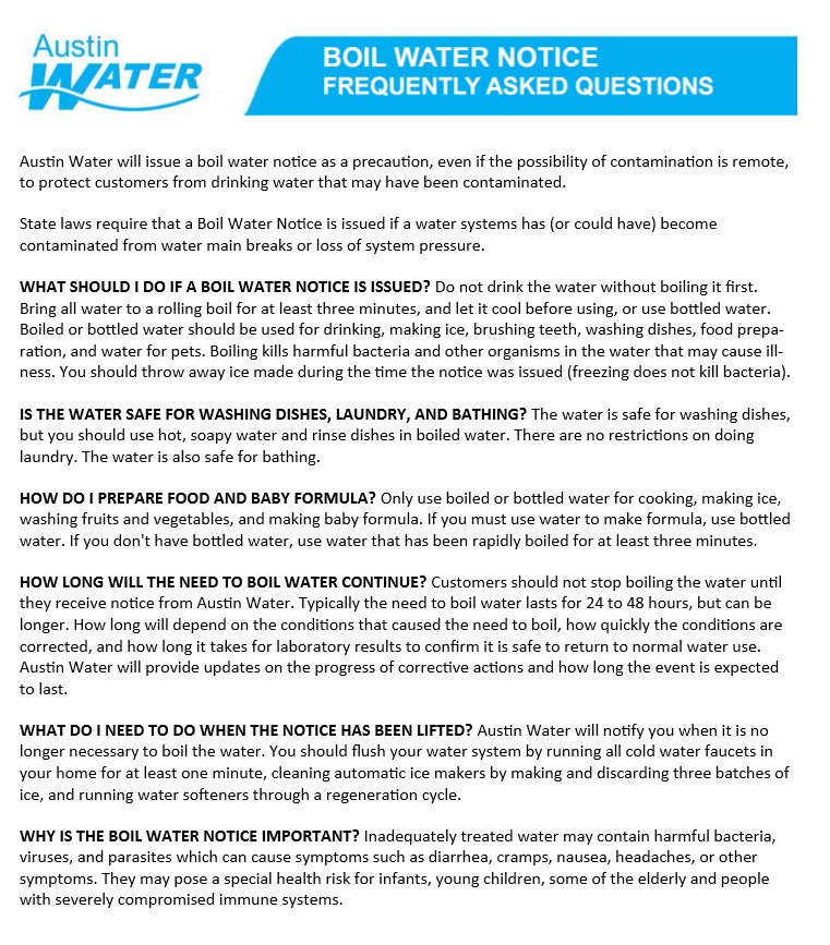 CaseyOnFOX7's tweet photo. Since @AustinWater 's boil water website is down right now (likely due to huge amount of visitors) here is the FAQ that is posted on the site.  I had them e-mail it to me. @fox7austin #austinboilwater https://t.co/t3Wo96l7Sp