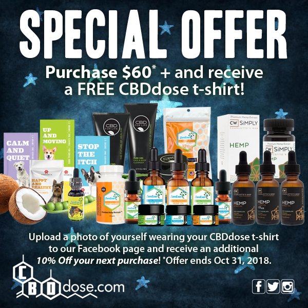 CBDdose_net's tweet photo. 9 Days left to take advantage of our FREE T-Shirt Offer!
Purchase $60+ and receive a free CBDdose t-shirt. Take a photo wearing your new t-👕  and upload it to our Facebook page for an additional 10% OFF your next purchase. Offer ends October 31st, 2018. https://t.co/9DwK10zsob https://t.co/os3EEWwFPN