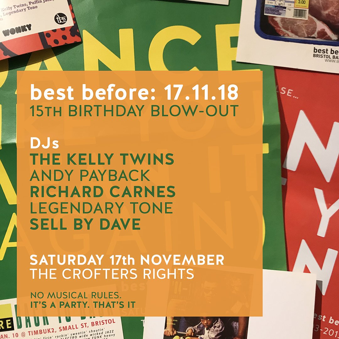 Matt Anniss (@sellbydave) on Twitter photo Soon come: best before: turns 15 years old with a party at <a href="/Crofters_Rights/">The Crofters Rights</a>. It's a good excuse to get the old gang together, including <a href="/TheKellyTwins/">Ghost Phone</a>, <a href="/Legendary_Tone/">Anthony George</a>, Andy Payback, <a href="/richardcarnes/">Richard Carnes</a> and yours truly. No musical rules. It's a party - that's it! Soon come: best before: turns 15 years old with a party at <a href="/Crofters_Rights/">The Crofters Rights</a>. It's a good excuse to get the old gang together, including <a href="/TheKellyTwins/">Ghost Phone</a>, <a href="/Legendary_Tone/">Anthony George</a>, Andy Payback, <a href="/richardcarnes/">Richard Carnes</a> and yours truly. No musical rules. It's a party - that's it!